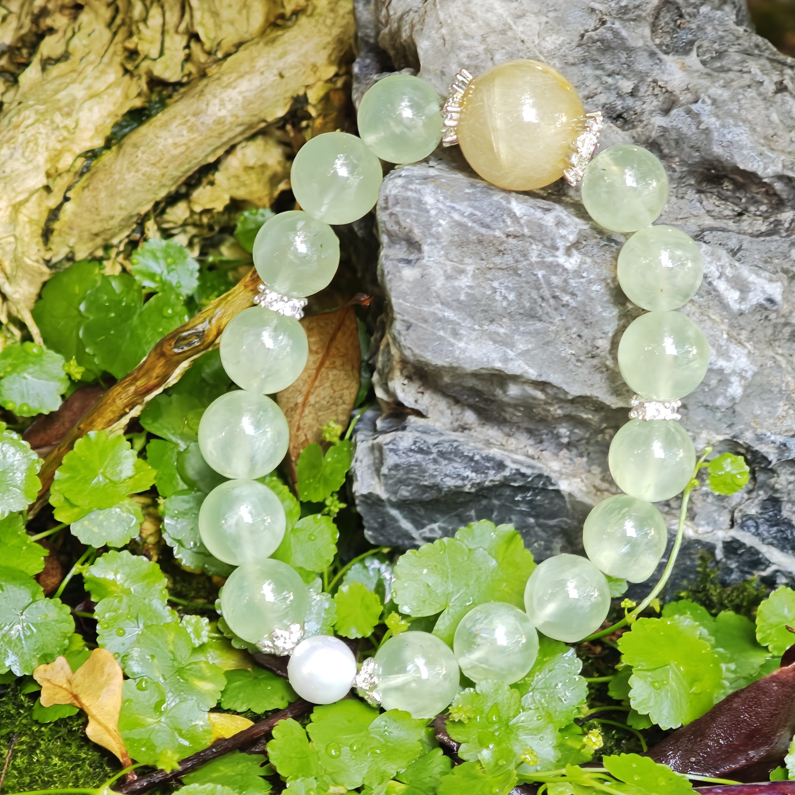 Lightborn Dew – Rutilated Quartz & Prehnite Bracelet by ImperfectRealm