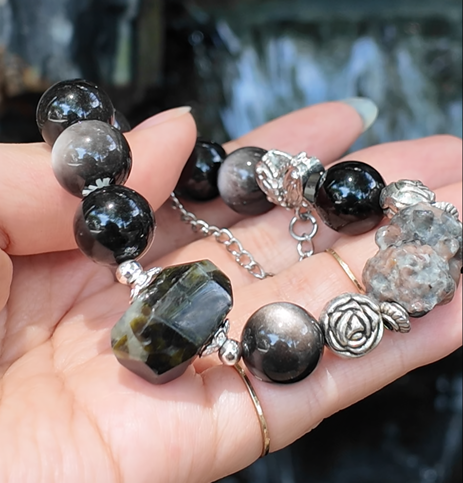 Witchwood Thorn – Silver Sheen Obsidian & Forest Fang Bracelet by ImperfectRealm