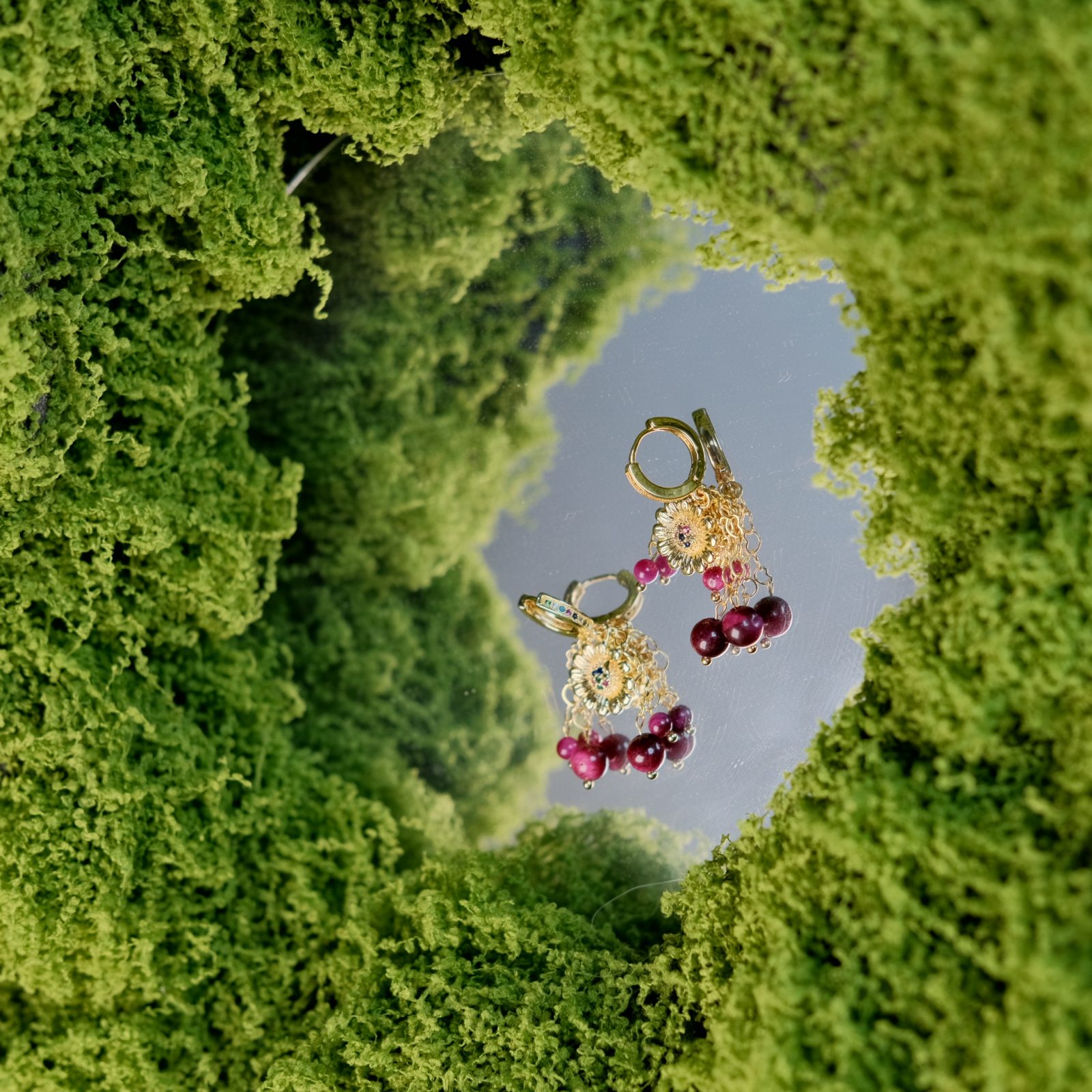 Philomena – Red Cat’s Eye Floral Crown Earrings by ImperfectRealm
