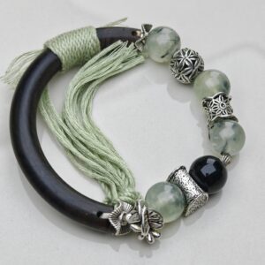 Verdant Whisper – Prehnite & Ebony Silk Bangle