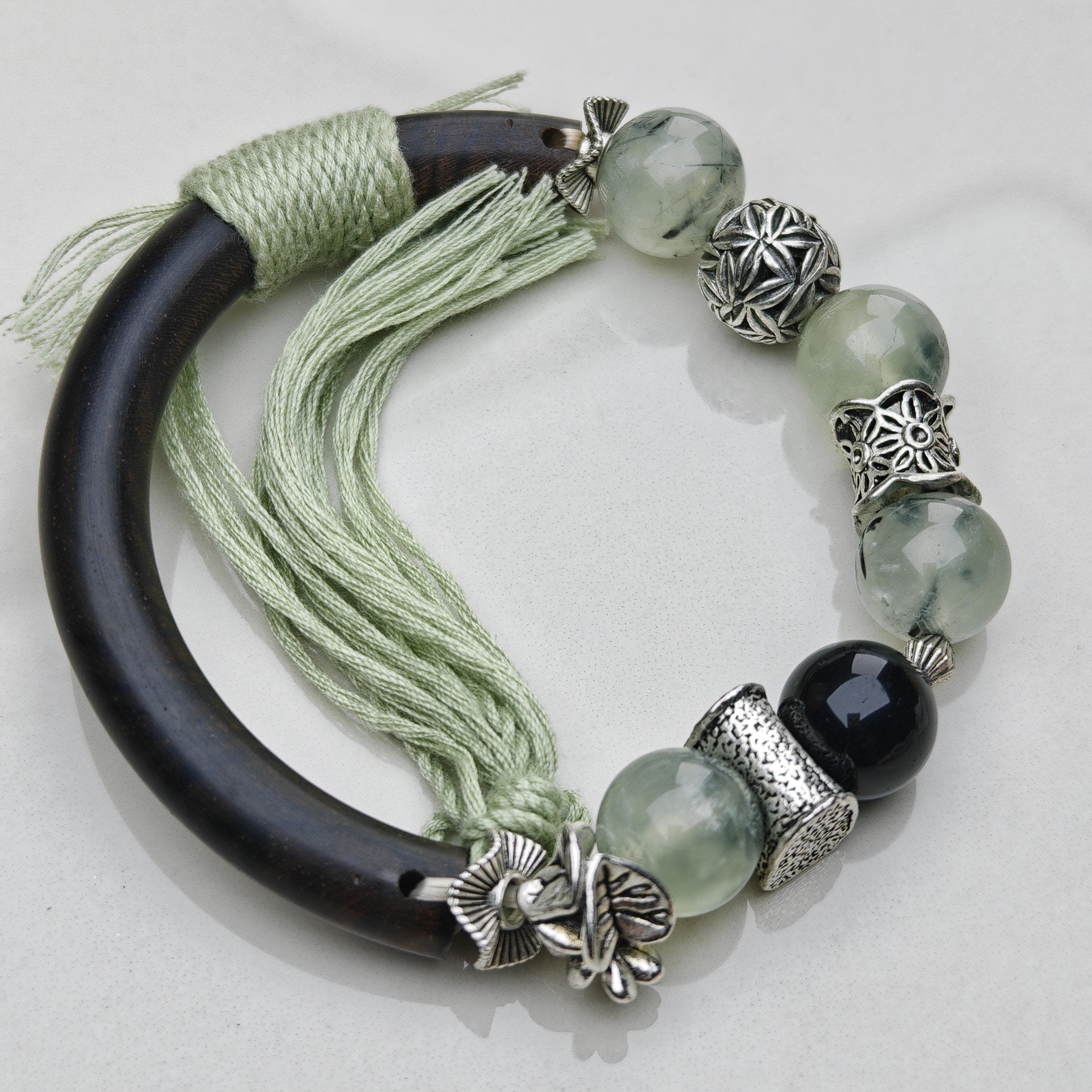 Verdant Whisper – Prehnite & Ebony Silk Bangle by ImperfectRealm