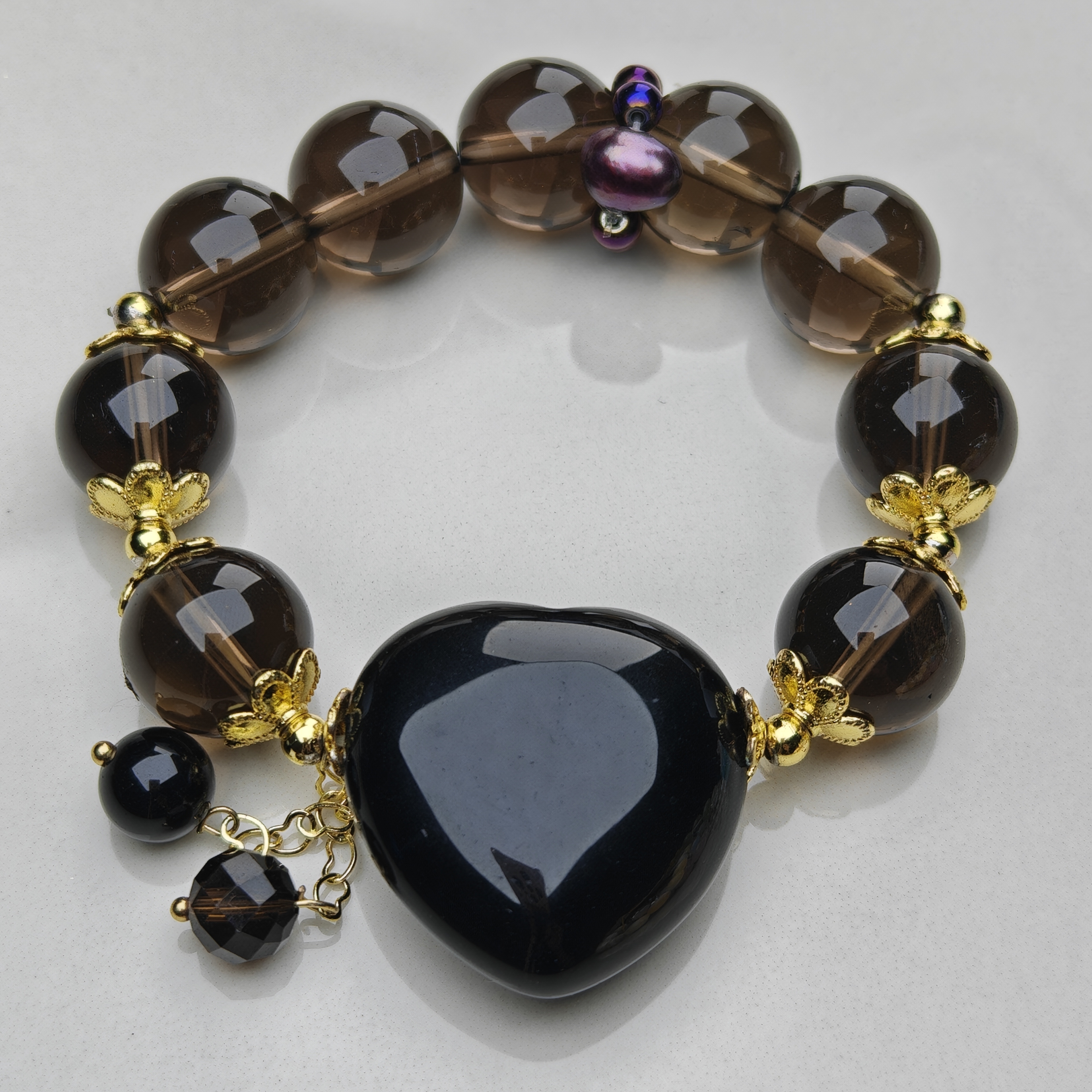Midnight Veil – Smoky Quartz & Obsidian Heart Bracelet – alternate view 5 by ImperfectRealm
