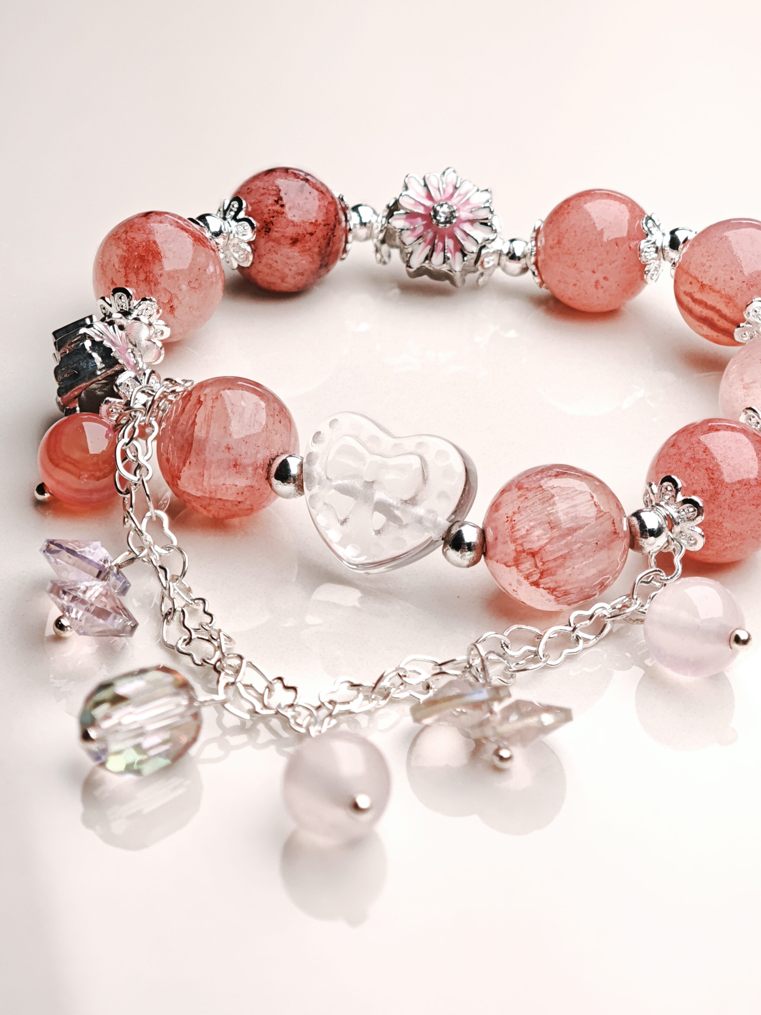 Blushing Ribbons – Strawberry Quartz & Bow Heart Charm Bracelet – alternate view 2 by ImperfectRealm
