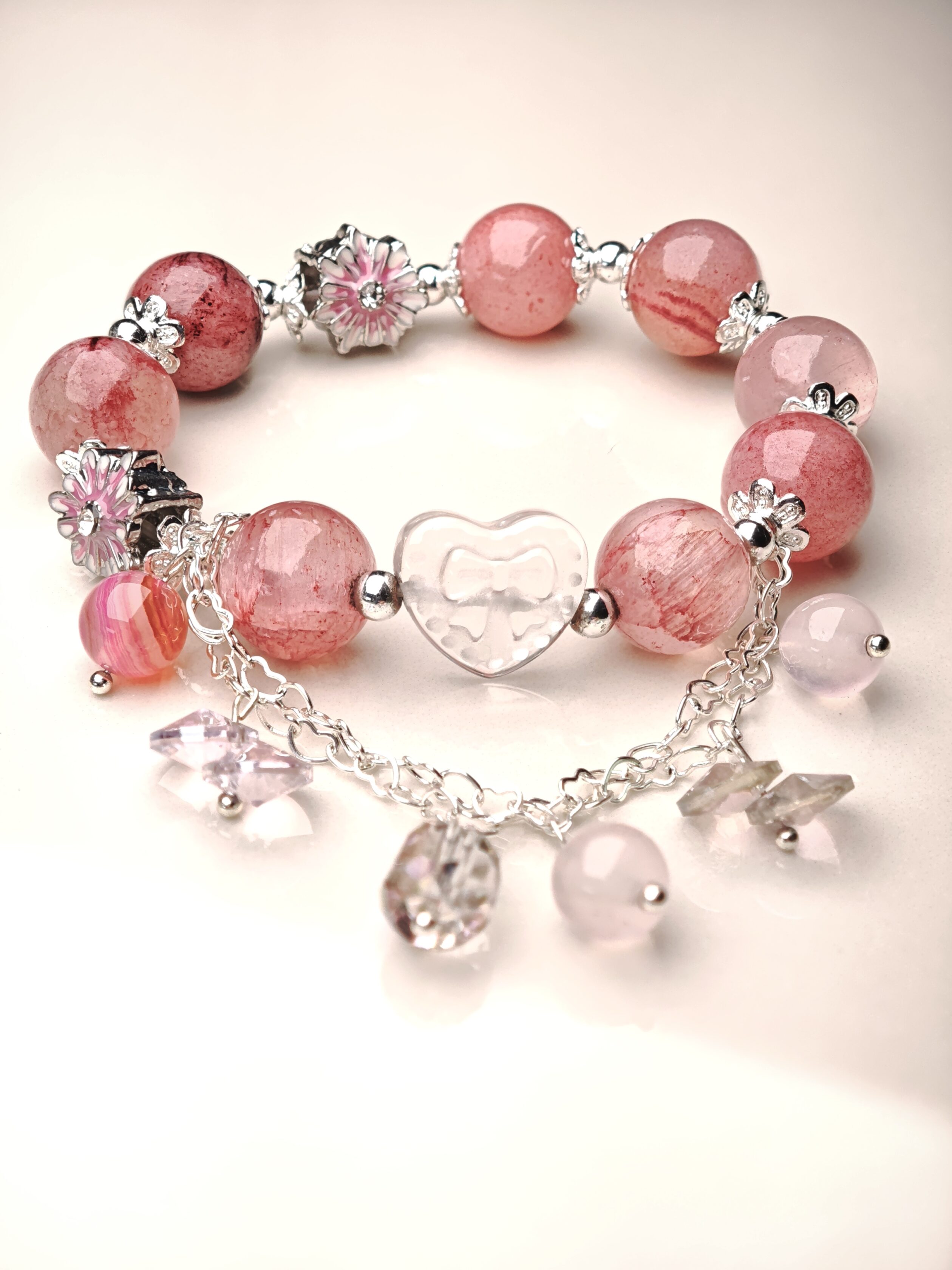 Blushing Ribbons – Strawberry Quartz & Bow Heart Charm Bracelet – alternate view 6 by ImperfectRealm