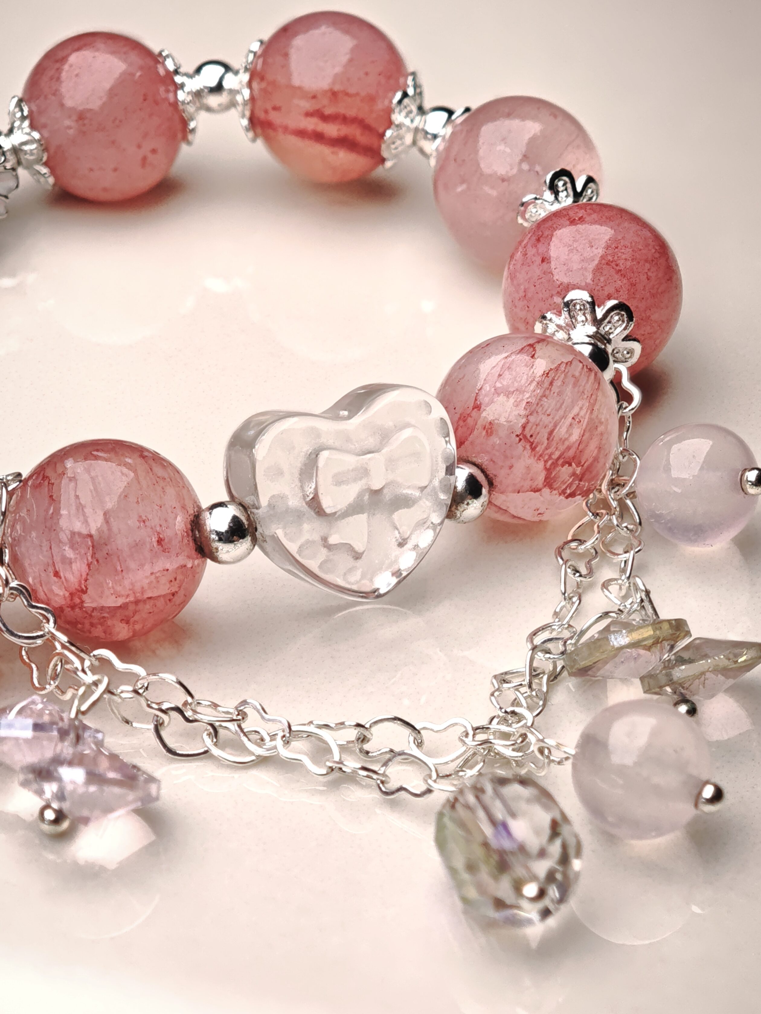 Blushing Ribbons – Strawberry Quartz & Bow Heart Charm Bracelet – alternate view 3 by ImperfectRealm