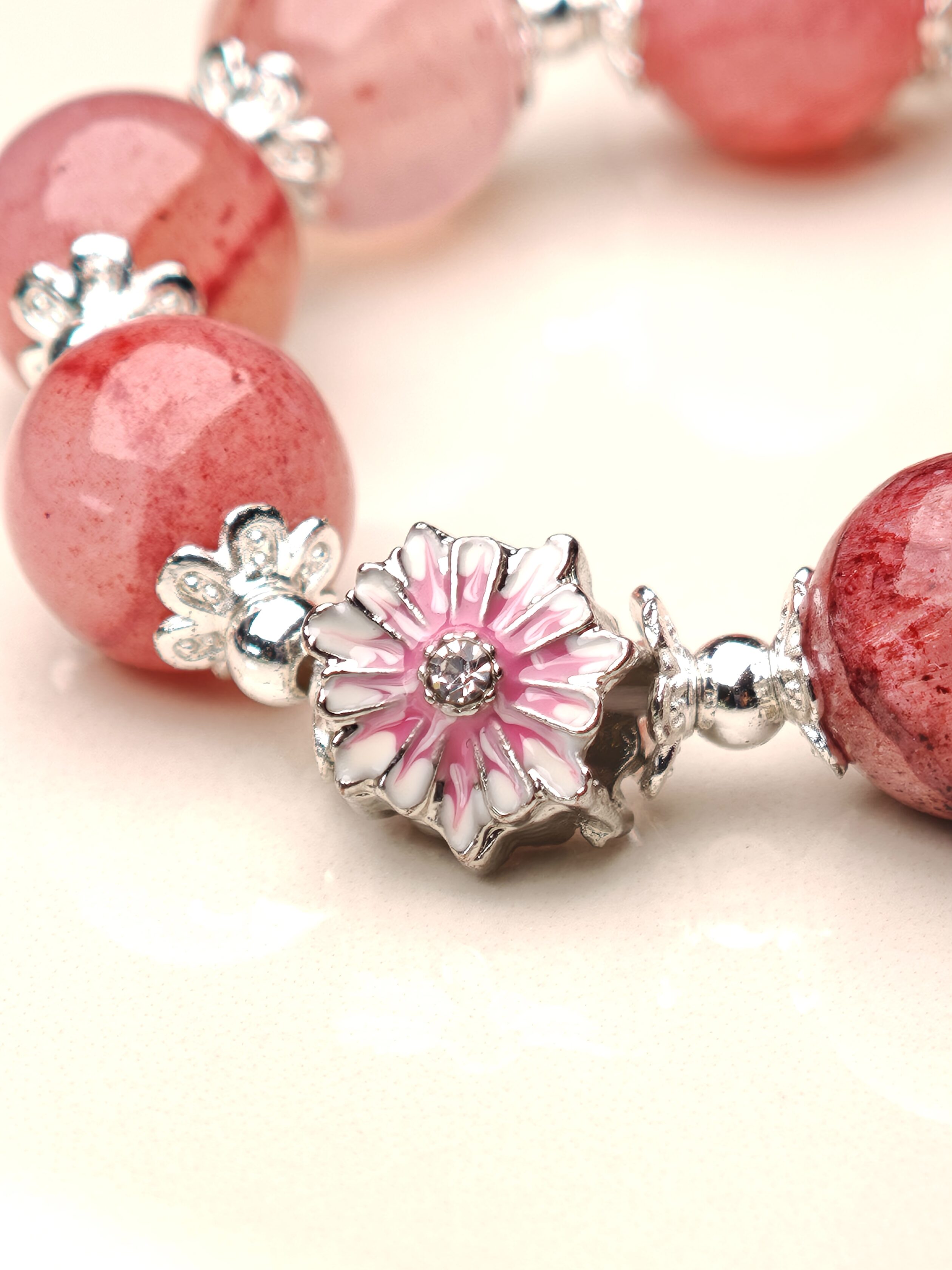 Blushing Ribbons – Strawberry Quartz & Bow Heart Charm Bracelet – alternate view 4 by ImperfectRealm