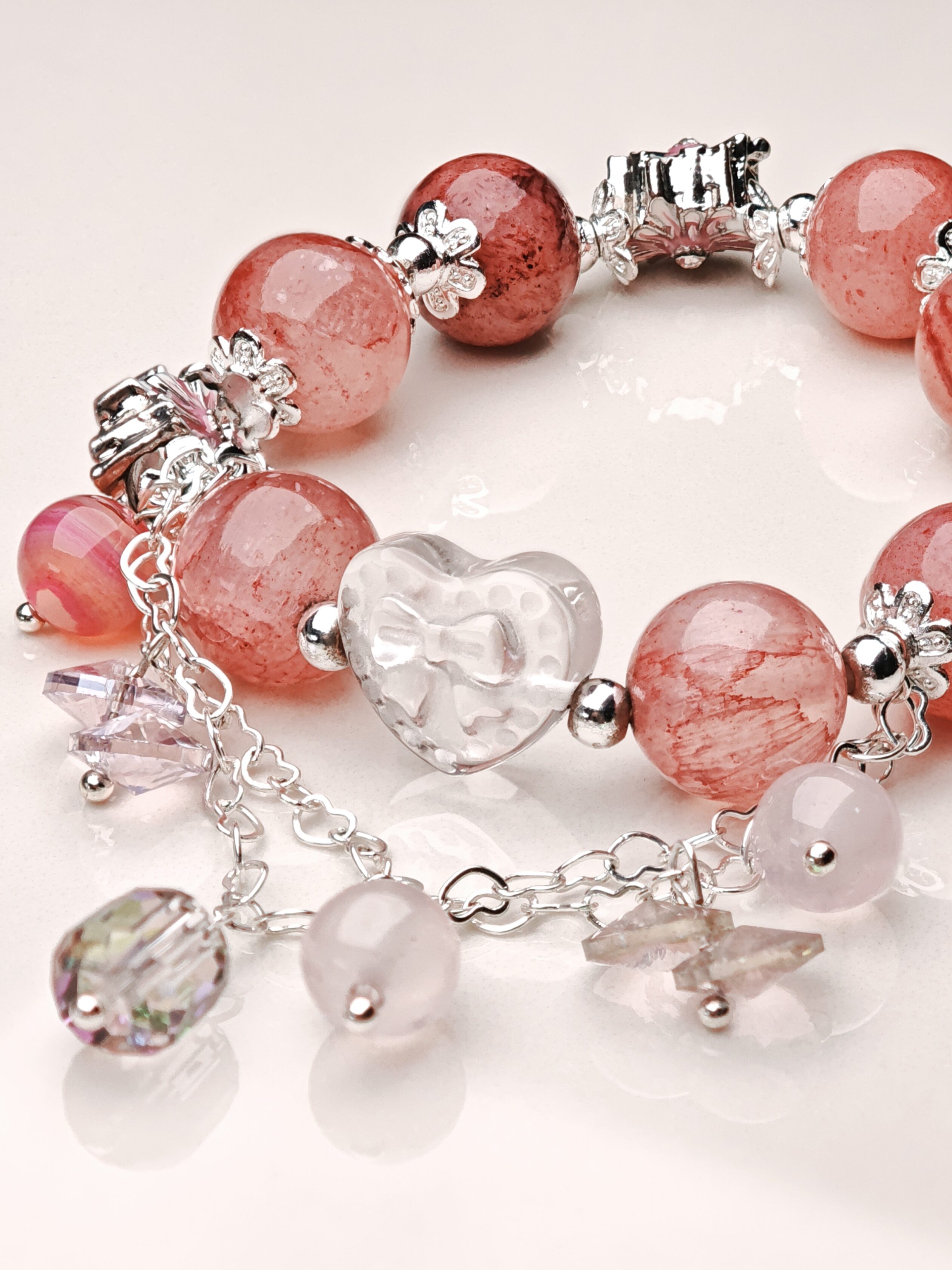 Blushing Ribbons – Strawberry Quartz & Bow Heart Charm Bracelet – alternate view 5 by ImperfectRealm