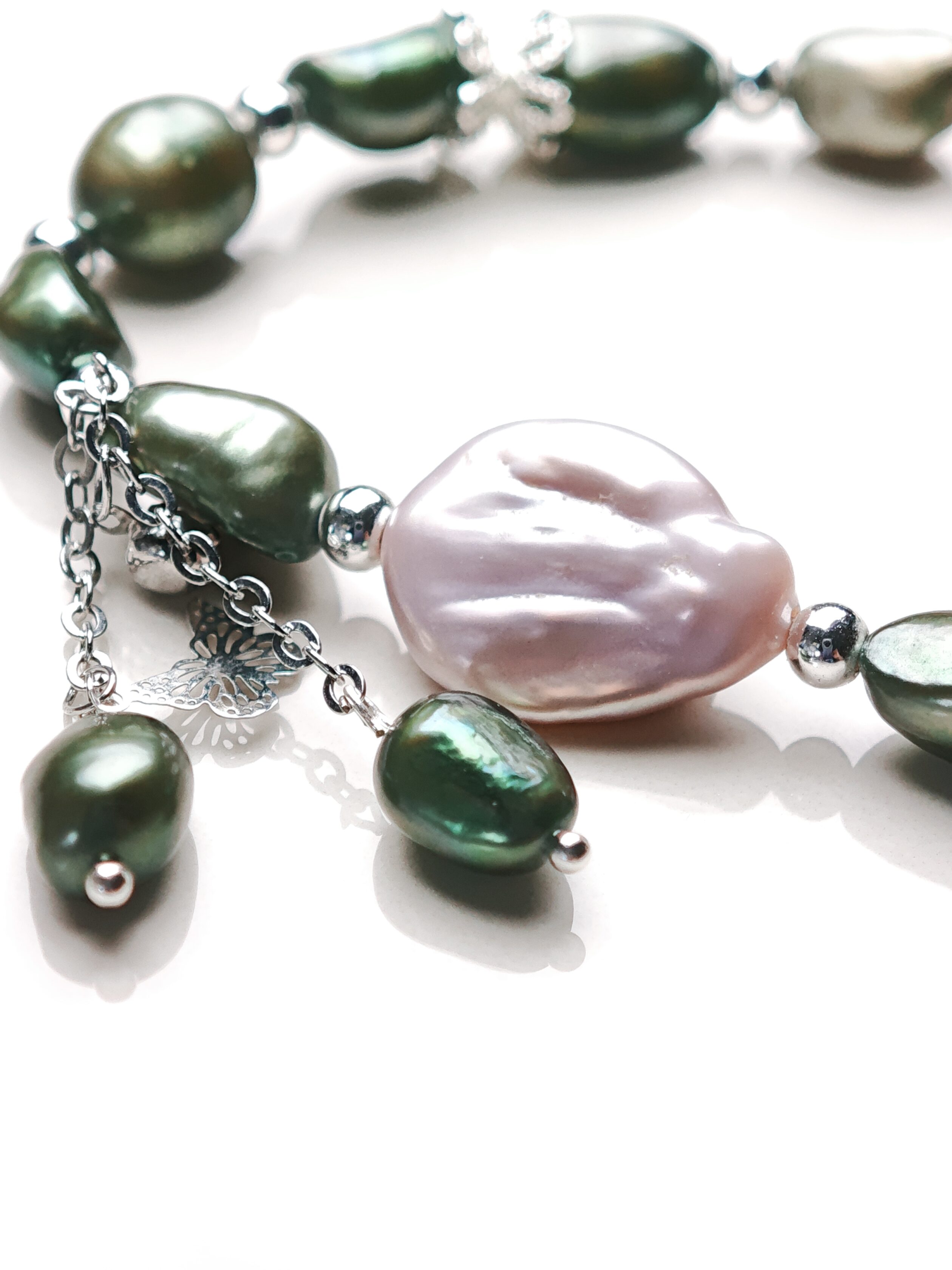 Emerald Drift – Green Pearl & Baroque Charm Bracelet by ImperfectRealm