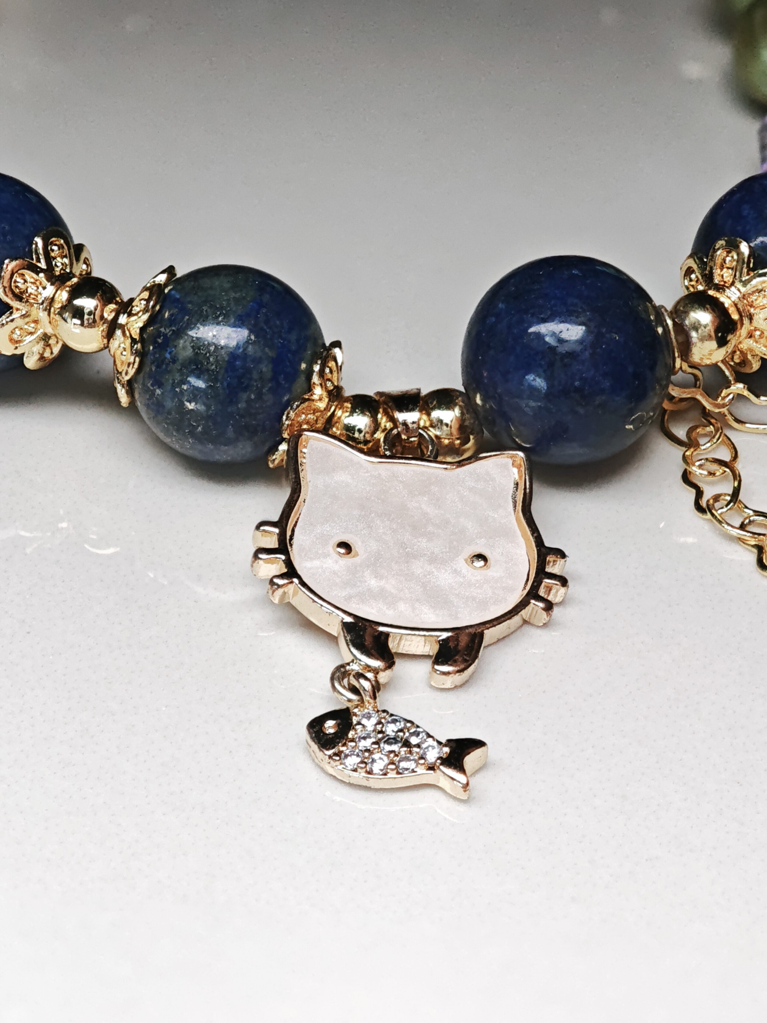 Starry Whisper – Lapis Lazuli & Kitty Charm Bracelet by ImperfectRealm