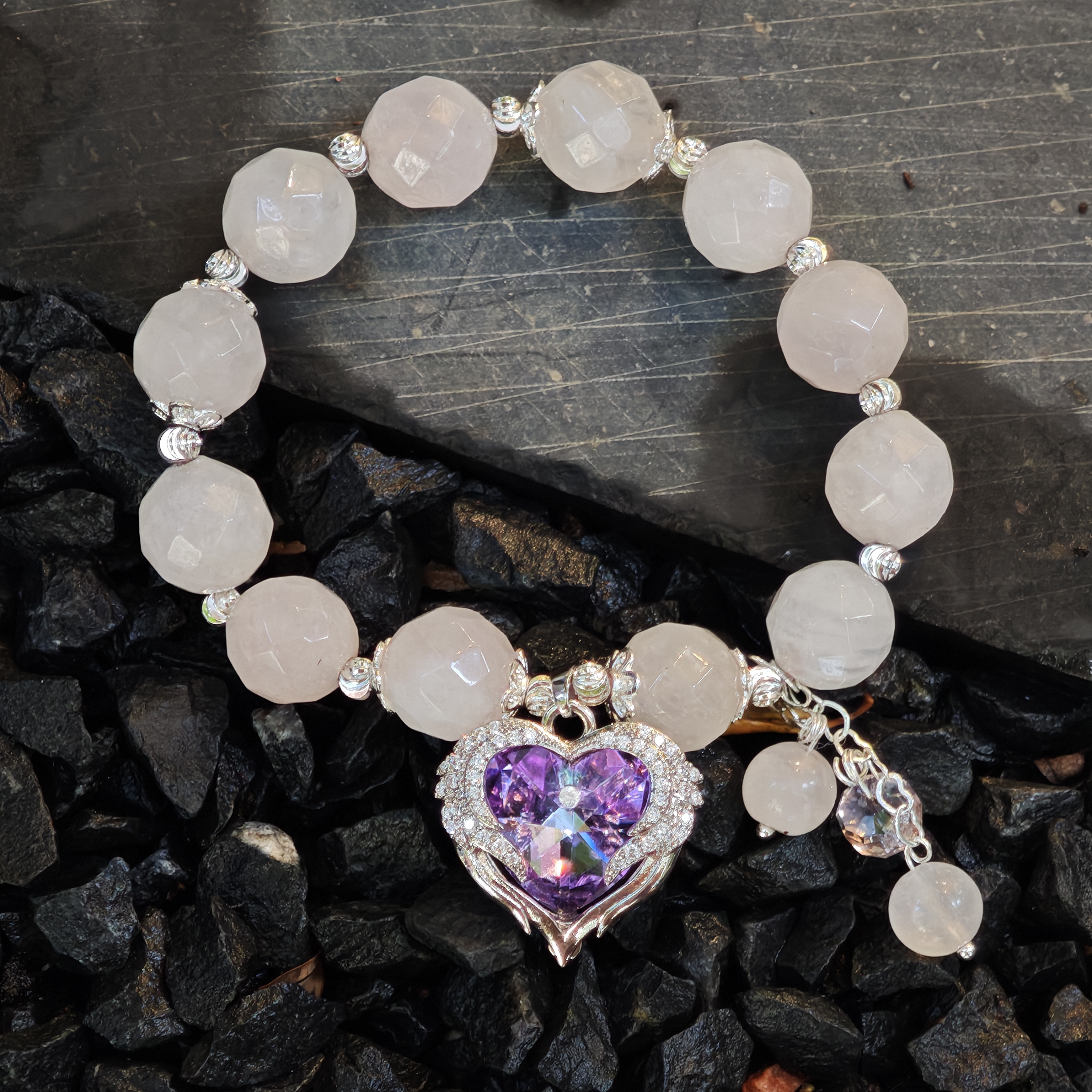 Heart of Bloom – Rose Quartz & Amethyst Heart Bracelet – alternate view 5 by ImperfectRealm