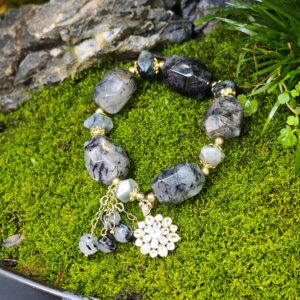 Shadow Bloom – Black Rutilated Quartz & Crystal Flower Bracelet