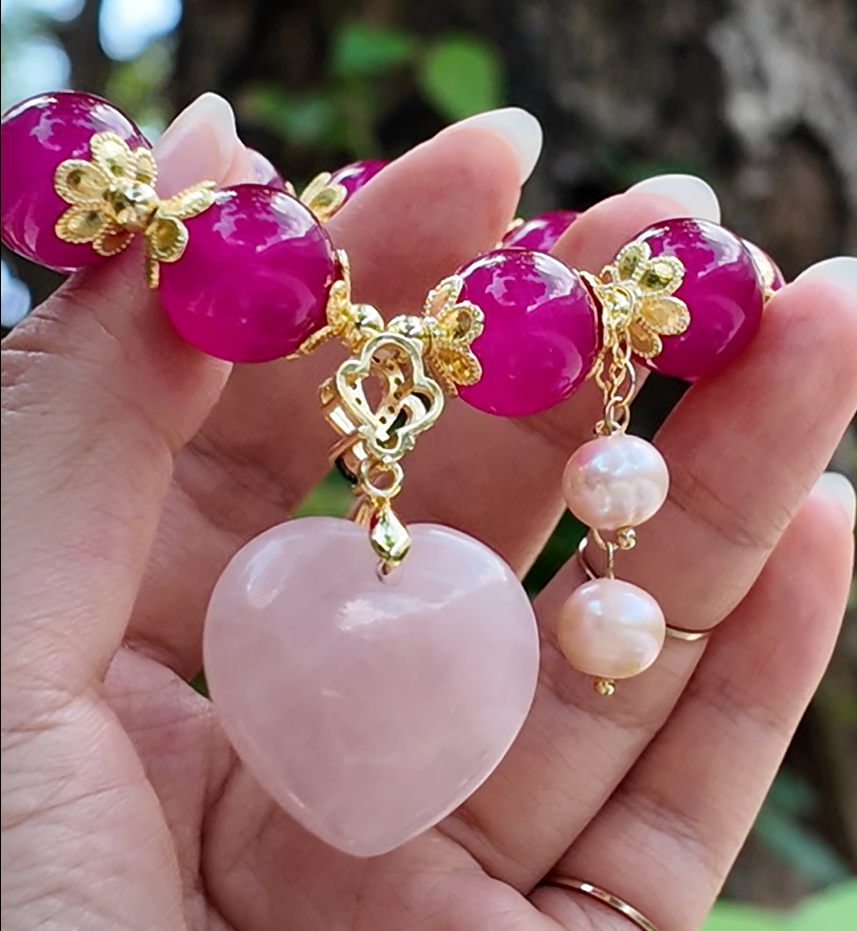 Aphrodite's Crown – Pink Agate & Rose Quartz Heart Bracelet by ImperfectRealm